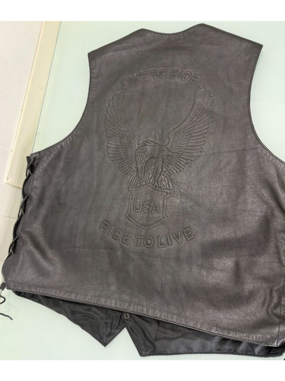 POW MIA Leather Biker Vest Mens XXL 2XL Black Snap Button " Live To Ride" Eagle